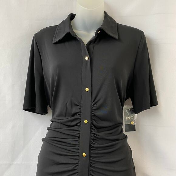 INC International Concepts Maxi Shirt Dress Women L Black Ruched Stretch Knit - Picture 3 of 10
